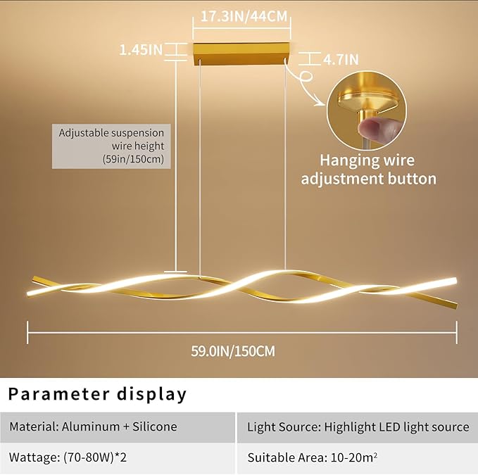 57in Modern Ceiling Pendant Light, with Remote Control Dimmable 3 Color Mode & Brightness Ceiling Lamp, Anti-Flicker Dining Light Fixture for Kitchen, Dining Room (Gold)