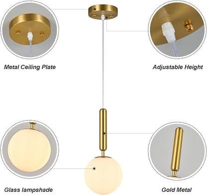 Modern Hanging Light Fixture Pendant Lighting for Kitchen Island Mid Century Gold Pendant Lights with Globe Milky White Glass Pendant Light for Bedroom Bathroom Entryway (1 Pack)