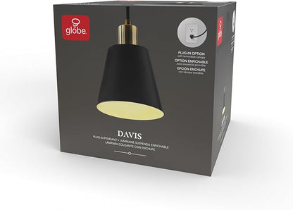 GLOBE Electric 67000153 1-Light Plug-in or Hardwire Pendant Light Fixture, Matte Black, Brass Accents, Living Room Pendant Light, Dining Room Fixture, Hanging Lamp, Hanging Lights for Bedroom