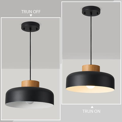 Modern Farmhouse Pendant Lights, 12.6 inch,Natural Wood Cap, Small Simple Ceiling Light Fixture for Kitchen Island, Dining Area, Matte Black