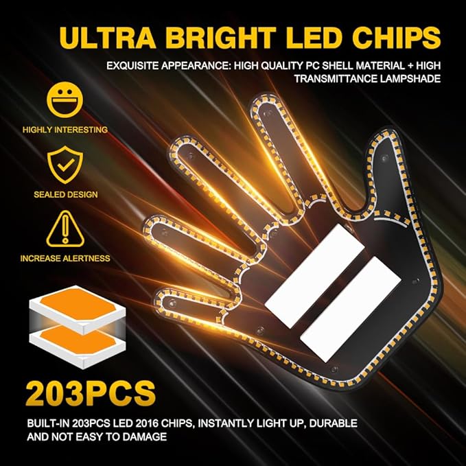 LED Gesture Light Comical Car Finger Light with Remote Ideal Gifted Car Accessories Funny Back Window Sign Car Gadget & Road Rage Sign Give The Love & Wave & Yead to Drivers-Amber
