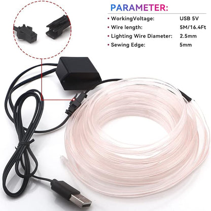 El Wire Lights - White Neon Car Interior Led Strip Light, 16FT/5M USB 5V for Car, Garden, Party Decoration