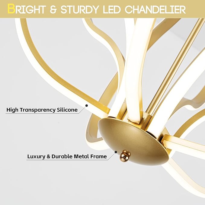 CHYING Modern Gold Chandelier with Remote Control, 10-Light 100W 3-Color Temperature Dimmable LED Chandelier for Living Room, Hanging Adjustable Pendant Light for Dining Room Kitchen Entryway Foyer