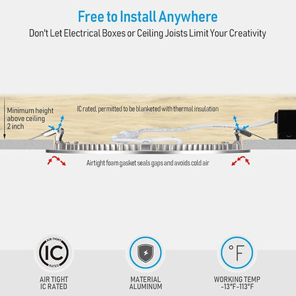 TORCHSTAR E-Lite Series 8 Inch Slim Recessed Lighting with J-Box, 18W Ultra-Thin LED Recessed Light, Dimmable Canless Downlight, ETL&ES Listed, CRI90, 2700K Soft White, Satin Nickel, Pack of 6