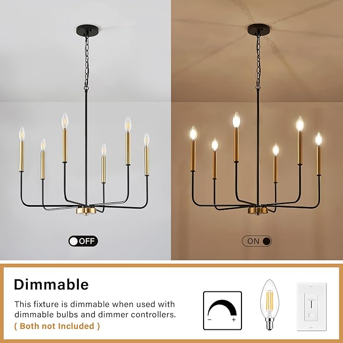 Black and Gold Chandelier, Modern Farmhouse Dining Room Light Fixture 6-Light Chandelier with Chain, Metal Hanging Lighting Fixtures Candle Dining Lights for Kitchen, Living Room, Bedroom,Foyer