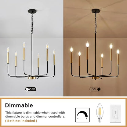 Black and Gold Chandelier, Modern Farmhouse Dining Room Light Fixture 6-Light Chandelier with Chain, Metal Hanging Lighting Fixtures Candle Dining Lights for Kitchen, Living Room, Bedroom,Foyer