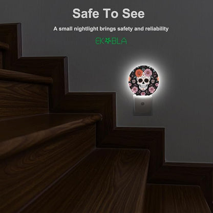 EKOBLA Floral Skull Plug-in Night Light, Skeleton & Flower LED Nightlight with Auto Sensor for Bedroom & Hallway