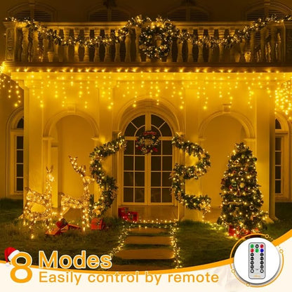 Ollny Icicle Lights for Outside 400LED 32FT, Warm White Christmas Light with Remote 8Modes Timers Waterproof, Plug in Connectable Hanging Lights for Outdoor Indoor House Roof Holiday