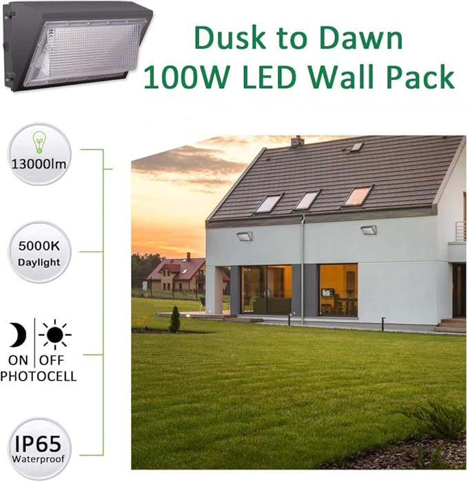 100W LED Wall Pack Light, Dusk to Dawn Photocell, 13000LM 5000K Daylight AC100-277V IP65 Waterproof LED Wall Pack Outdoor Exterior Light ETL Listed
