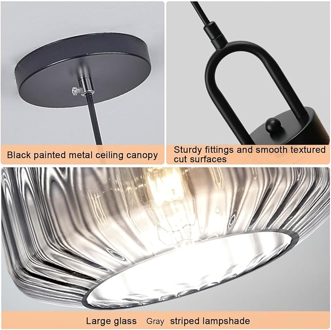 Gray Pendant Light Fixture Large Glass Pendant Light Fixture Vintage Industrial Ceiling Hanging Lights 11" Striped Wave Shade Black Metal Ceiling Hanging Lighting Farmhouse Kitchen