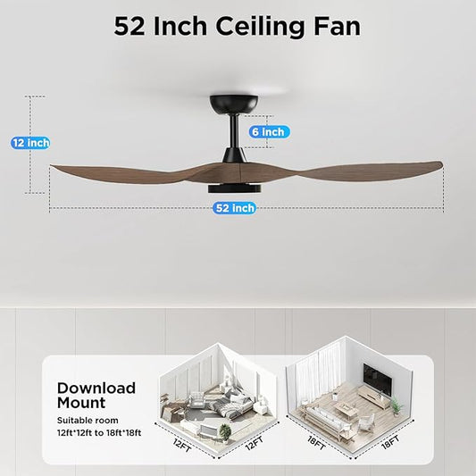 Roomratv Ceiling Fans with Lights and Remote Control,Quiet Noiseless Reversible DC Motor,6 Speeds,Timers, 3 CCT, Indoor Use, Plastic Blades,52 Inch Black Wood Grain Modern Ceiling Fan for Living Room