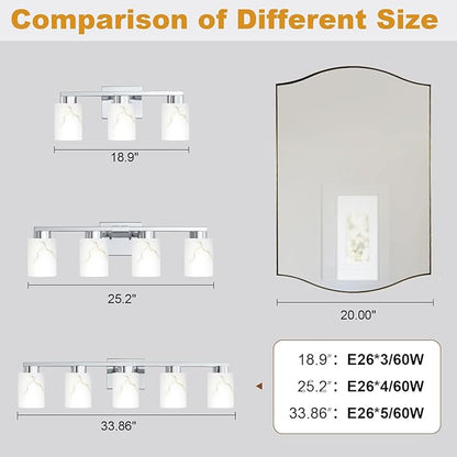 3-Light Bathroom Light Fixtures, Modern Vanity Lights, Chrome Metal Wall Lamp with White Marble Glass for Bathroom, Mirror, Living Room, Bedroom, Cabinet, Porch, Hallway, E26 Base