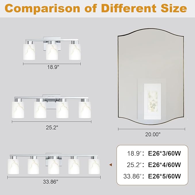 5-Light Bathroom Light Fixtures, Modern Vanity Lights, Chrome Metal Wall Lamp with White Marble Glass for Bathroom, Mirror, Living Room, Bedroom, Cabinet, Porch, Hallway, E26 Base