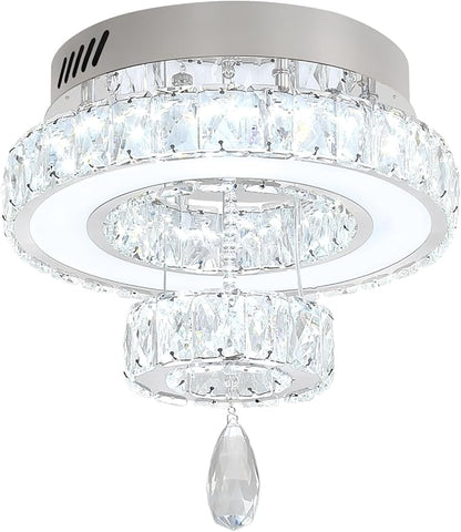 Flashing God 12" Modern Crystal Chandeliers Flush Mount Ceiling Light Silver Chandelier for Hallway LED Dimmable Mini Chandelier for Dining Room Living Room Bedroom