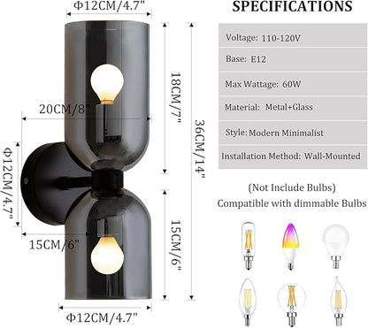 Modern Glass Wall Sconces- Double Head Wall Lighting with Long Short Glass Shades- Bathroom Vanity Light Mid-Century Up Down Hardwired Wall Lamp Indoor for Bedroom Hallway Living (Black-Gray)