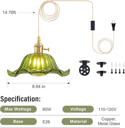 Plug in Pendant Light Vintage, Adjustable Pulley Hanging Lamp with Green Lily Glass Shade, Brass Hanging Lights with Plug in Cord for Bedroom Kitchen, Compatible with Indoor Plant Grow Light Bulbs