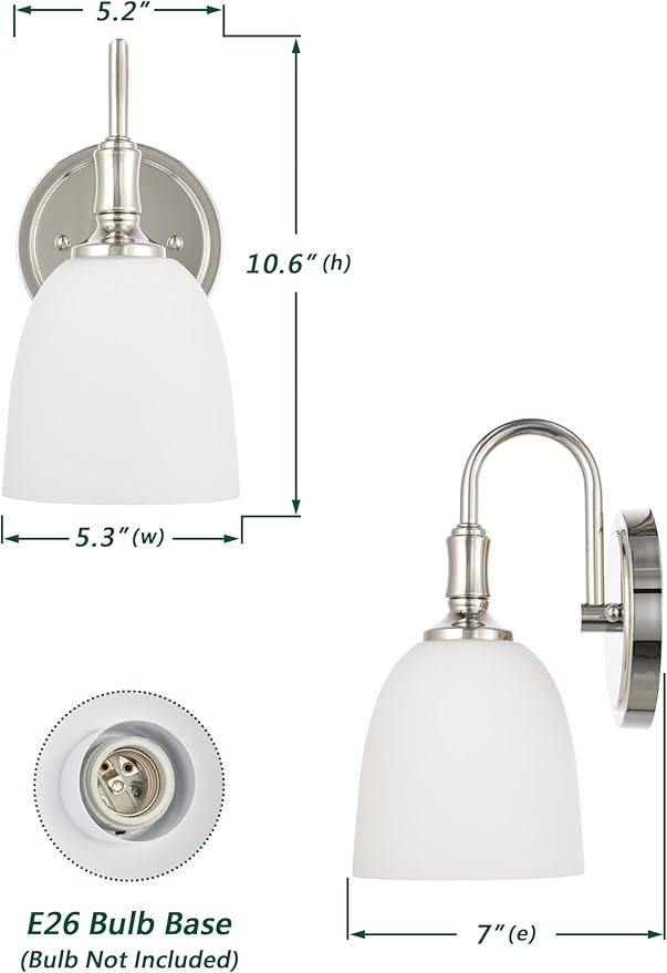 Vintage Traditional 1-Light Indoor Wall Sconce with Frosted Glass Bathroom Bedroom Hallway, 10.6" H x 5.3" W, Polished Nickel