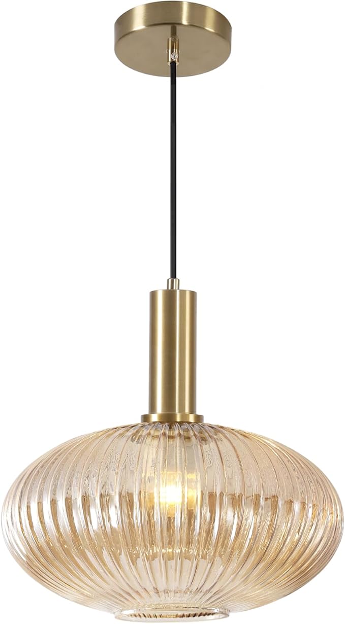 KCO Lighting Vintage Gold Pendant Light Fixture Amber Glass Pendant Light Mid Century Modern Lantern Light Antique Brass Dining Room Light Large Hanging Light Fixture