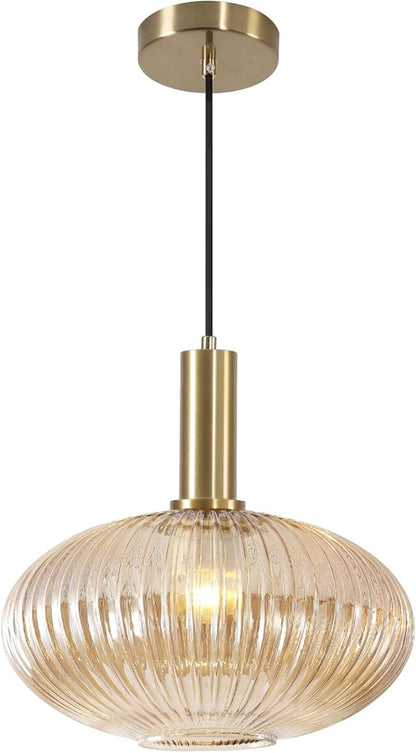 KCO Lighting Vintage Gold Pendant Light Fixture Amber Glass Pendant Light Mid Century Modern Lantern Light Antique Brass Dining Room Light Large Hanging Light Fixture