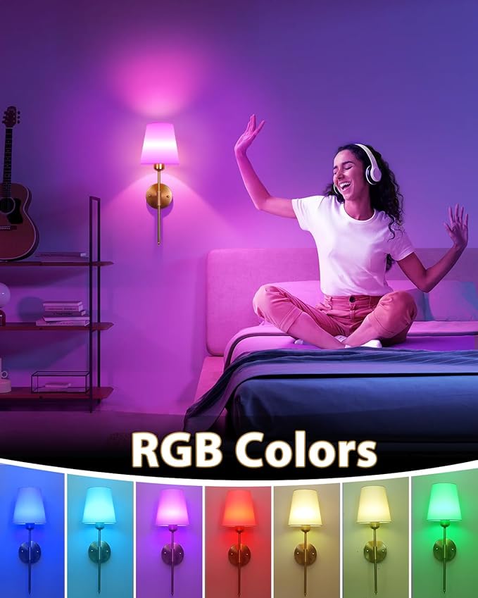 Adetu Battery Operated Wall Sconce Set of 2, Gold Wireless Battery Wall Lights with 10000mAh RGB Dimmable Magnetic Bulbs and Remote Control, Rechargeable Wall Sconce for Bedroom Living Room Hallway