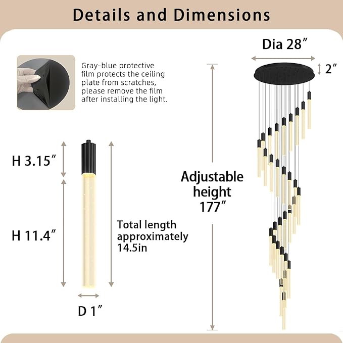D28inxH177in Long Crystal Column Chandelier Large Black Staircase Chandelier for High Ceiling 30-Light Dimmable LED Pendant Lighting Foyer Entryway Light Source is Replaceable