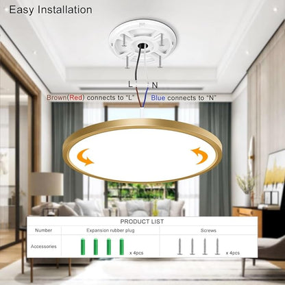 12 Inch Gold LED Ceiling Light, 5000K Daylight White, 24W Gold Flush Mount Ceiling Light, 3200LM Round Low Profile Ceiling Lights for Bedroom Kitchen Hallway Entryway