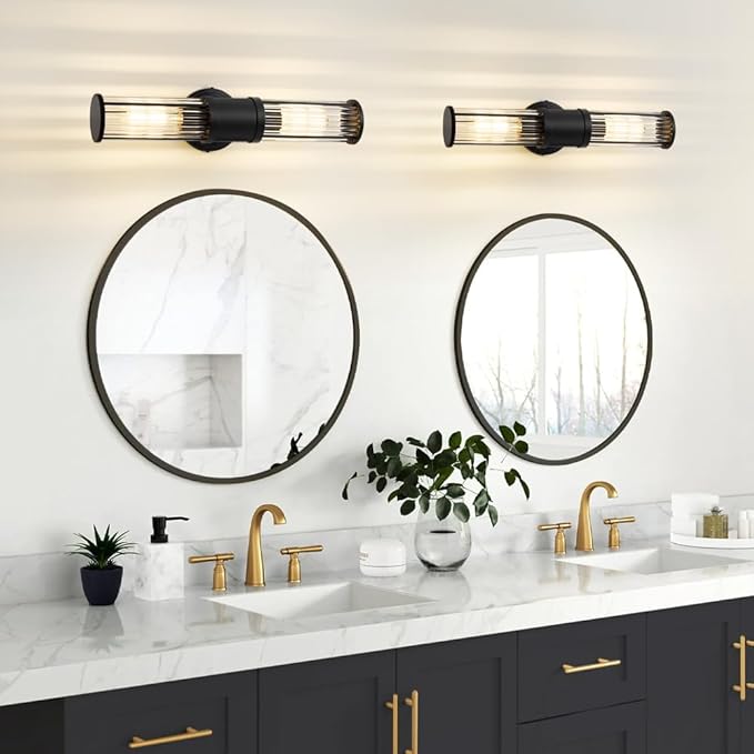 Black Wall Sconce Bathroom Vanity Light Fixtures for Mirror, Modern Wall Light with Glass Rod Shade for Bathroom, Bedroom, Hallway, Living Room - Bulb Not Included