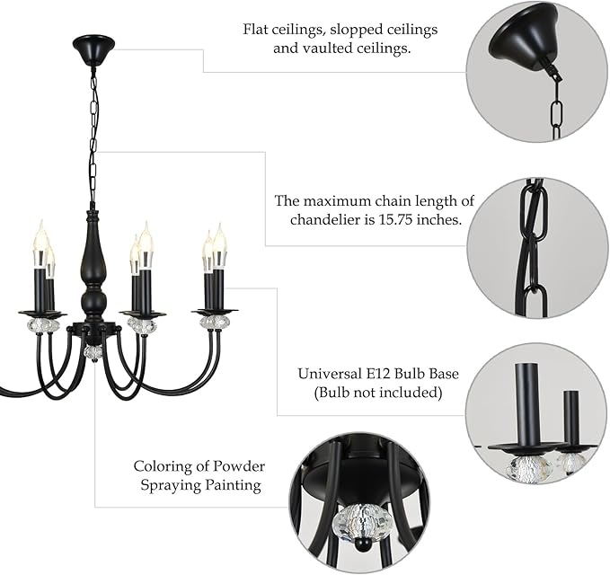 Black Chandelier, 8-Light Farmhouse Candle Chandelier for Living Room, Rustic Industrial Pendant Chandeliers for Dining Room, Vintage Crystal Hanging Light fixture for Hallway Kitchen Foyer E12
