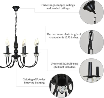 Black Chandelier, 8-Light Farmhouse Candle Chandelier for Living Room, Rustic Industrial Pendant Chandeliers for Dining Room, Vintage Crystal Hanging Light fixture for Hallway Kitchen Foyer E12
