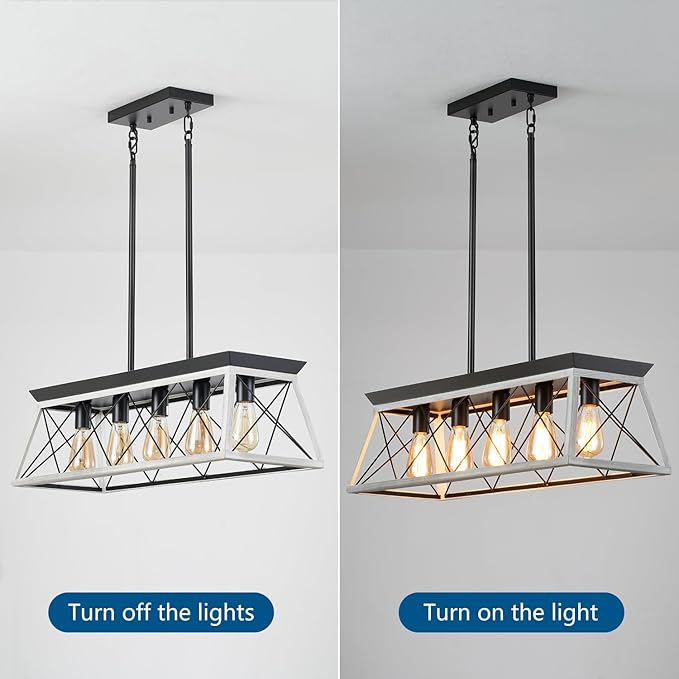 5-Light Farmhouse Chandeliers for Dining Room, Rustic Kitchen Island Lighting, Adjustable Height Pendant Light for Kitchen, Dining Room Table White