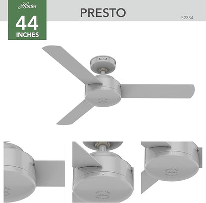 Hunter 44 inch Indoor Ceiling Fan No Light - Modern Ceiling Fan without Light, 3 Blades, Standard Mount, For Bedroom, Living Room, or Kitchen, Wall Control - Presto 52384, Dove Grey