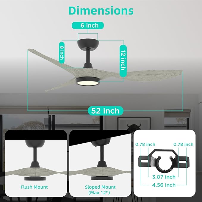 Roomratv Ceiling Fans with Lights and Remote Control,Quiet Noiseless Reversible DC Motor,6 Speeds,Timers, 3 CCT, Indoor Use, Plastic Blades,52 Inch White Oak Modern Ceiling Fan for Living Room