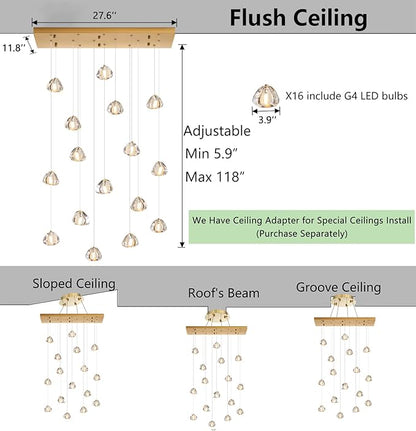 HAIXIANG W27.6 x D11.8 x H118 Rectangular Glam Chandelier Bubble Crystal Ceiling Pendant Lights Dimmable High Ceiling Chandeliers Fixtures Adjustable Long Lights Antique Gold