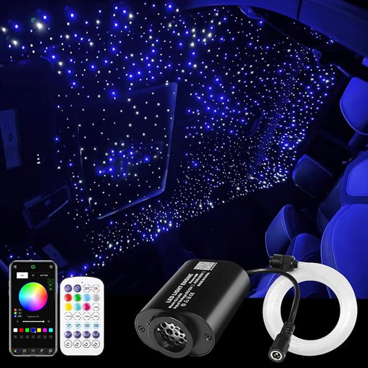 AMKI Mini 6W Starlight Headliner Kit 500pcs 0.03in 9.8ft,Twinkle+Sound Activated Fiber Optic Light 4Lamp Beam Starlight Box APP/Remote Control for Car Home Star Ceiling Decoration