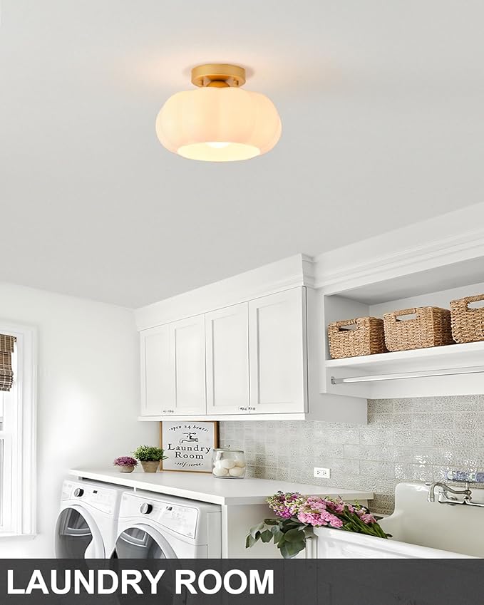 Vintage Semi Flush Mount Ceiling Light,Mid Century Modern Ceiling Lights,10 Inch Milk White Glass Shade with a Gold Base,for Bedroom,Kitchen,Hallway,Entryway