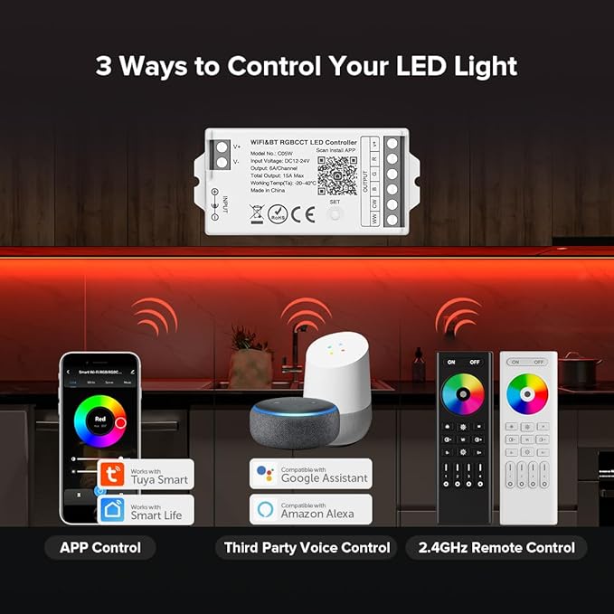 SEZO C05W WiFi Bluetooth RGBCCT LED Strip Controller Group Control Support Tuya Smart Life APP/Voice Control Compatible with LM091 LM096 LM007 LM097 RGBCCT Remote DC12-24V