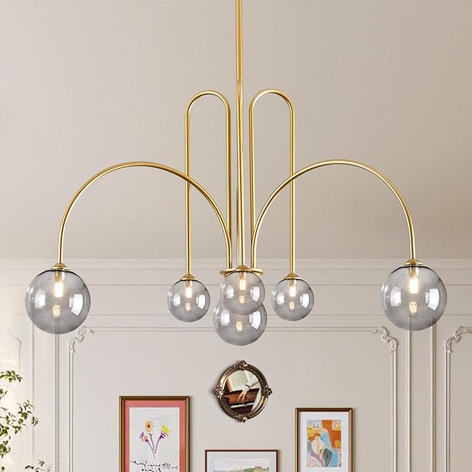 CATINER Modern Gold Chandelier, 6 Lights Sputnik Chandeliers Large L40”Mid Century Ceiling Pendant Light Fixtures with Smoke Glass Globe Shades for Living Dining Room Foyer Bedroom