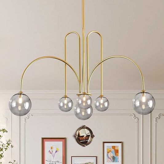 CATINER Modern Gold Chandelier, 6 Lights Sputnik Chandeliers Large L40”Mid Century Ceiling Pendant Light Fixtures with Smoke Glass Globe Shades for Living Dining Room Foyer Bedroom