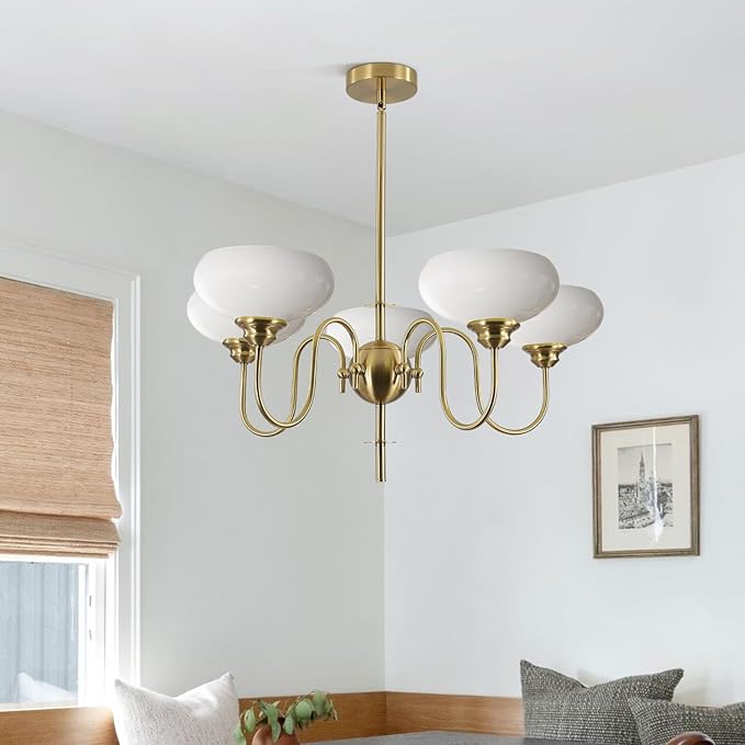 BOKT Modern Chandelier for Living Room, Mid Century Gold Chandelier for Dining Room, Vintage Milk Glass Globe Chandeliers for Different Ceilings