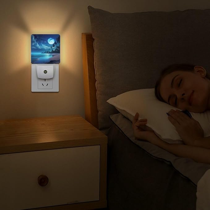 Moon Beach Night Light, Plug into Wall Decor Nightlights for Bedroom, Bathroom, Hallway, Kitchen, with Dusk to Dawn Light Auto Sensors LED Night Lights for Boys Girls Women Men Room Gifts
