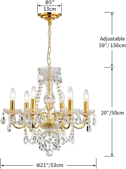 AGV LIGHTING Crystal Chandeliers Light Fixture, Mid-Century Style, Perfect for Living Space, 6-Light Sockets, D21 x H20, Adjustable Chains 59", Shinny Gold Frame