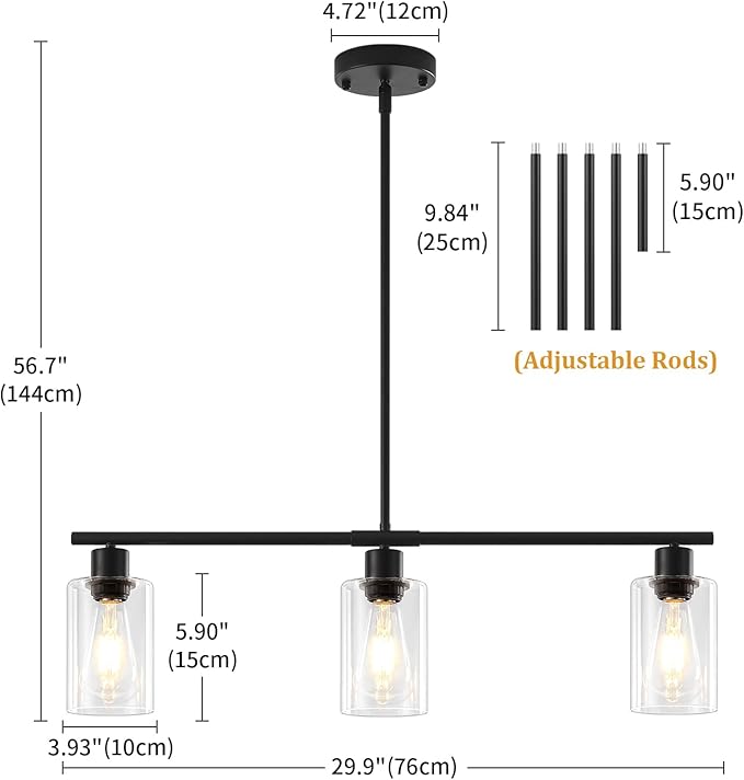 Modern Island Lights for Kitchen, Clear Glass Pendant Lighting Over Island Kitchen Hanging Light Fixtures 3-Light Black Farmhouse Chandelier for Dining Room Foyer Living Room