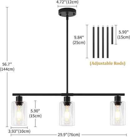 Modern Island Lights for Kitchen, Clear Glass Pendant Lighting Over Island Kitchen Hanging Light Fixtures 3-Light Black Farmhouse Chandelier for Dining Room Foyer Living Room