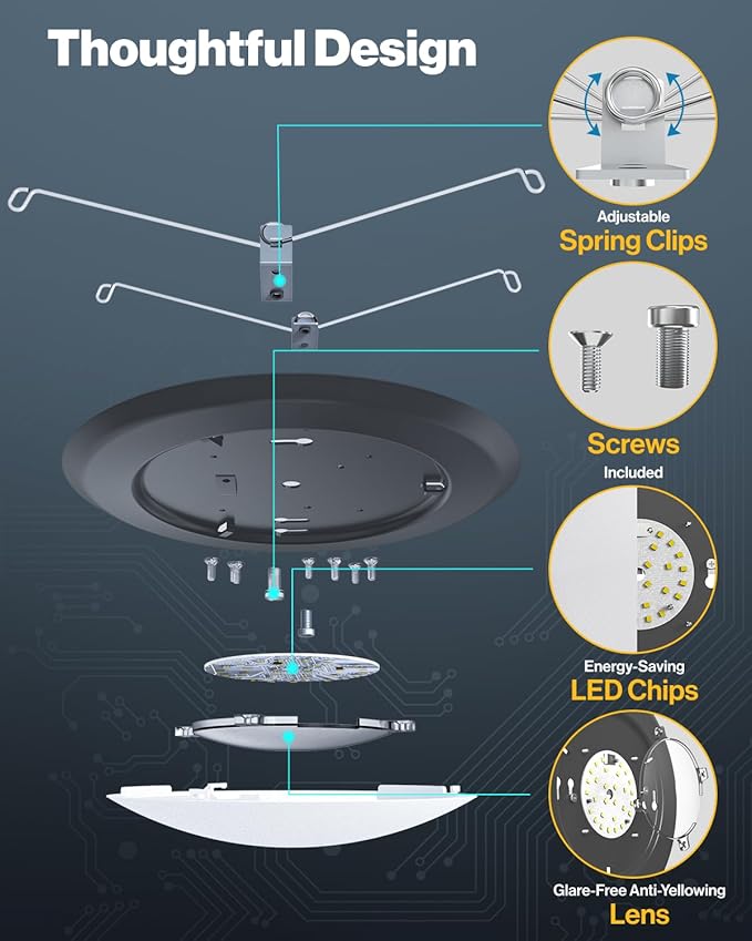 Sunco 6 Pack 6 Inch LED Disk Lights, Flush Mount Black Disc Recessed Ceiling Can Lighting, 1050 LM, Selectable CCT 2700K/3000K/4000K/5000K/6000K, Dimmable, 15W=100W, Wet Rated ETL.