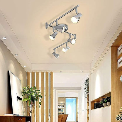DLLT Modern LED Track Lighting Kit-6 Lights Adjustable Decorative Track Light Fixture, 6 Way Flush Mount Ceiling or Wall Spotlight for Kitchen, Dining Room, Hallway, Bedroom, Warm Light, Silver
