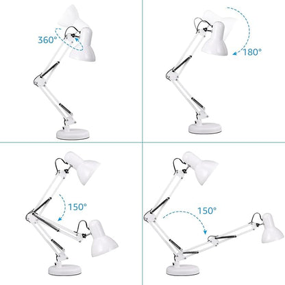 TORCHSTAR Metal Desk Lamp with Clamp, Swing Arm, Architect Adjustable Gooseneck Table Lamp, Clip Desk Lights for Home Office, Work, Study, Reading, E26 Base, Multi-Joint, White