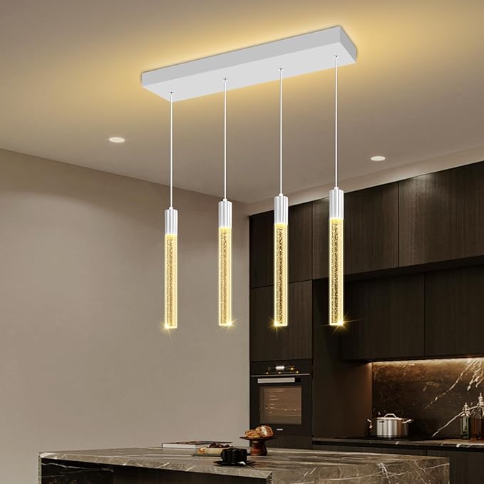 Bubble Crystal Column Chandelier, 4-Light Rectangular Chorme Crystal Chandelier, Dimmable Adjustable Height Luxury Pendant Light for Kitchen Island, Dining Room, Living Room