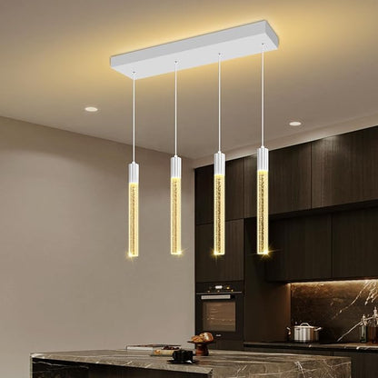Bubble Crystal Column Chandelier, 4-Light Rectangular Chorme Crystal Chandelier, Dimmable Adjustable Height Luxury Pendant Light for Kitchen Island, Dining Room, Living Room