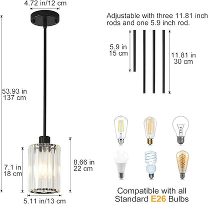 Crystal Pendant Lights Kitchen Island, 3 Pack Black Kitchen Pendant Lighting Over Island, 1-Light Mini Modern Hanging Lights for Kitchen Island, Dining Room, Hallway, Foyer, Entryways