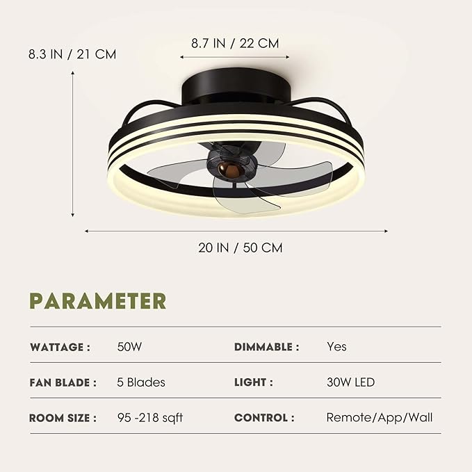 LUDOMIDE Ceiling Fans with Lights, 360° Rotating Ceiling Fan with Lights and Remote, 6 Wind Speeds Smart Low Profile Ceiling Fan for Bedroom, Kids Room and Living Room 20"
